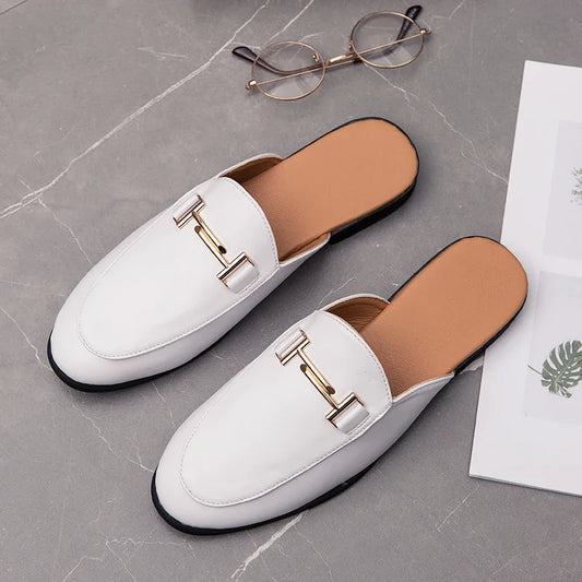 Fashion Men's Half Slippers 2022 High Quality Leather Men Shoes Classic Mules Non-slip Half Shoes Man Summer White Moccasins