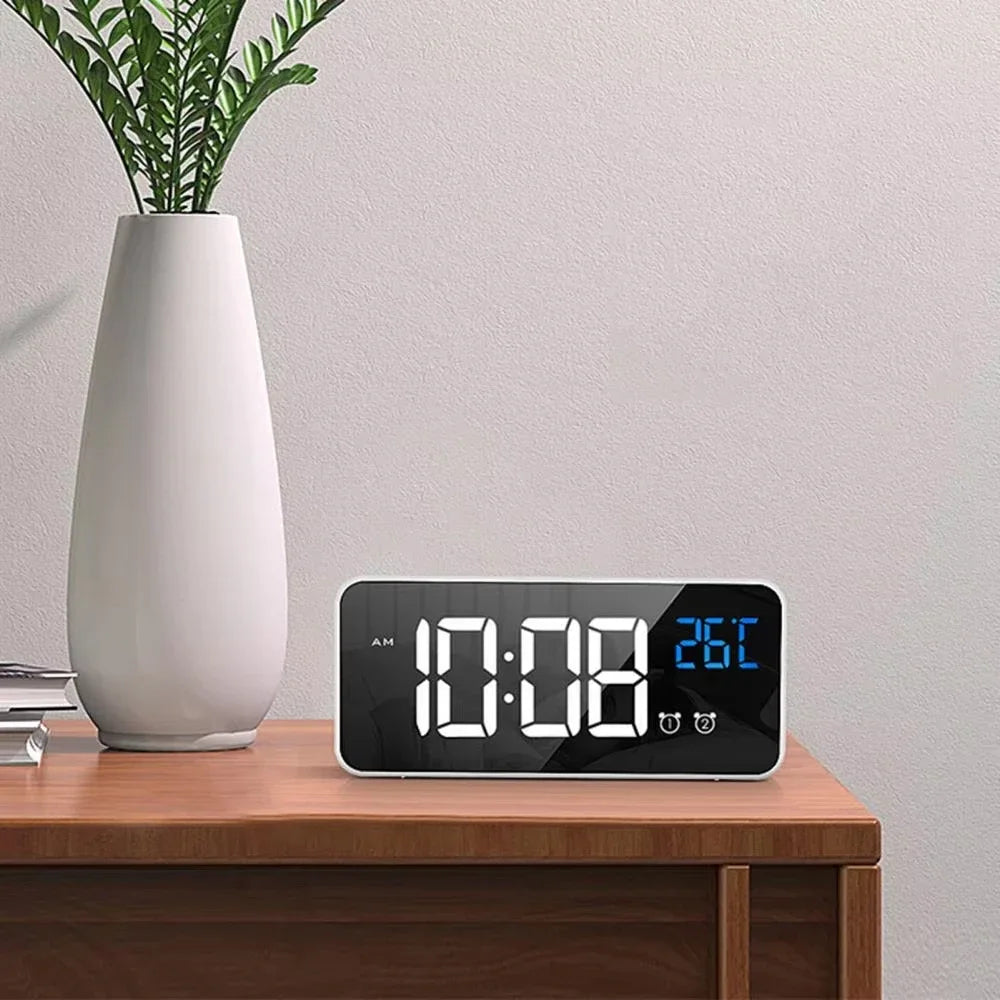 Smart LED Mirror Alarm Clock with Voice Control USB Charging Dual Alarms Snooze Mode for Bedside Table Timepiece Home Decor