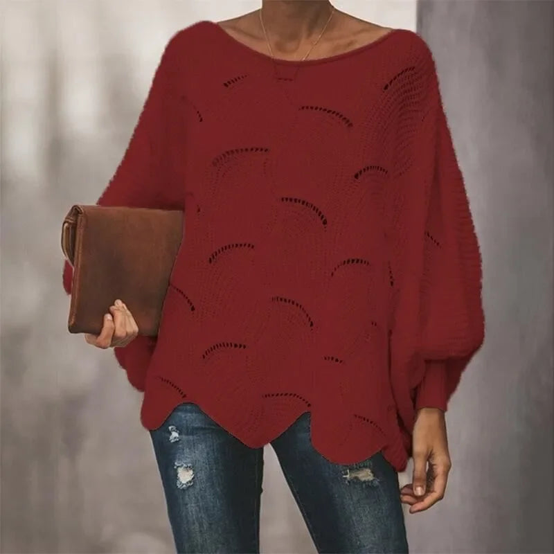 Women's Sweater 2025 Autumn Winter Elegant Hollow Out Loose Knitted Lady Pullovers Casual O-Neck Solid Lantern Sleeve Female Top