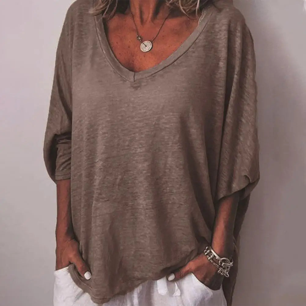 Women T-shirt Top Solid Color Women's V-neck 3/4 Batwing Sleeve T-shirt Loose Fit Lightweight Breathable Top for Casual Wear