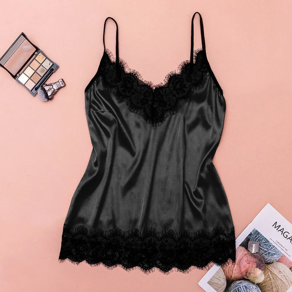 Sexy Pajama Set for Women Black Lace Satin V-Neck Pyjama Sleeveless Cute Cami Top Shorts Trousers Lingerie Nightie Homewear 3pcs