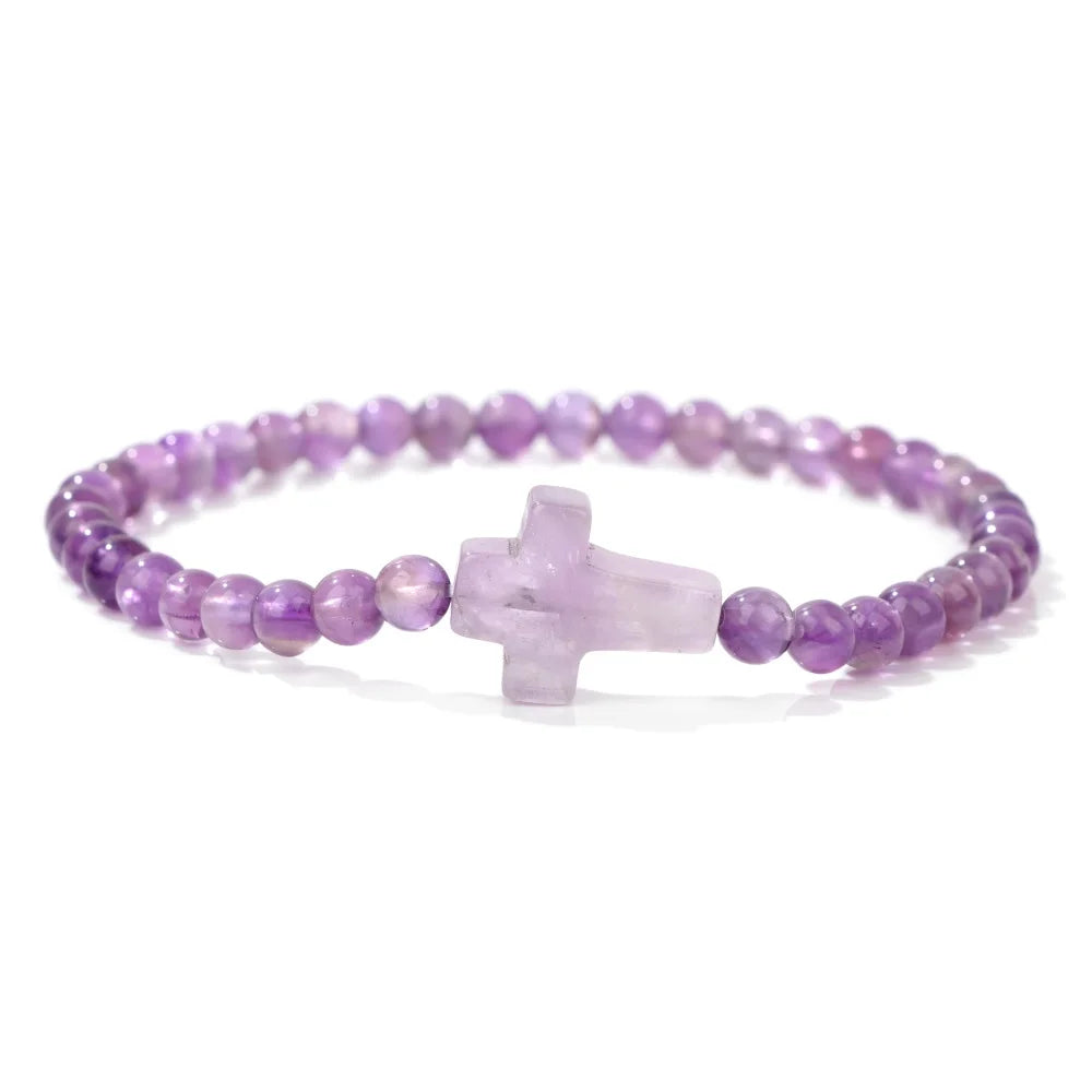Jesus Cross Bracelet 4mm Beads Natural Stone Indian Agates Amethysts Quartzs Beaded Bracelets For Women Men Prayer Jewelry