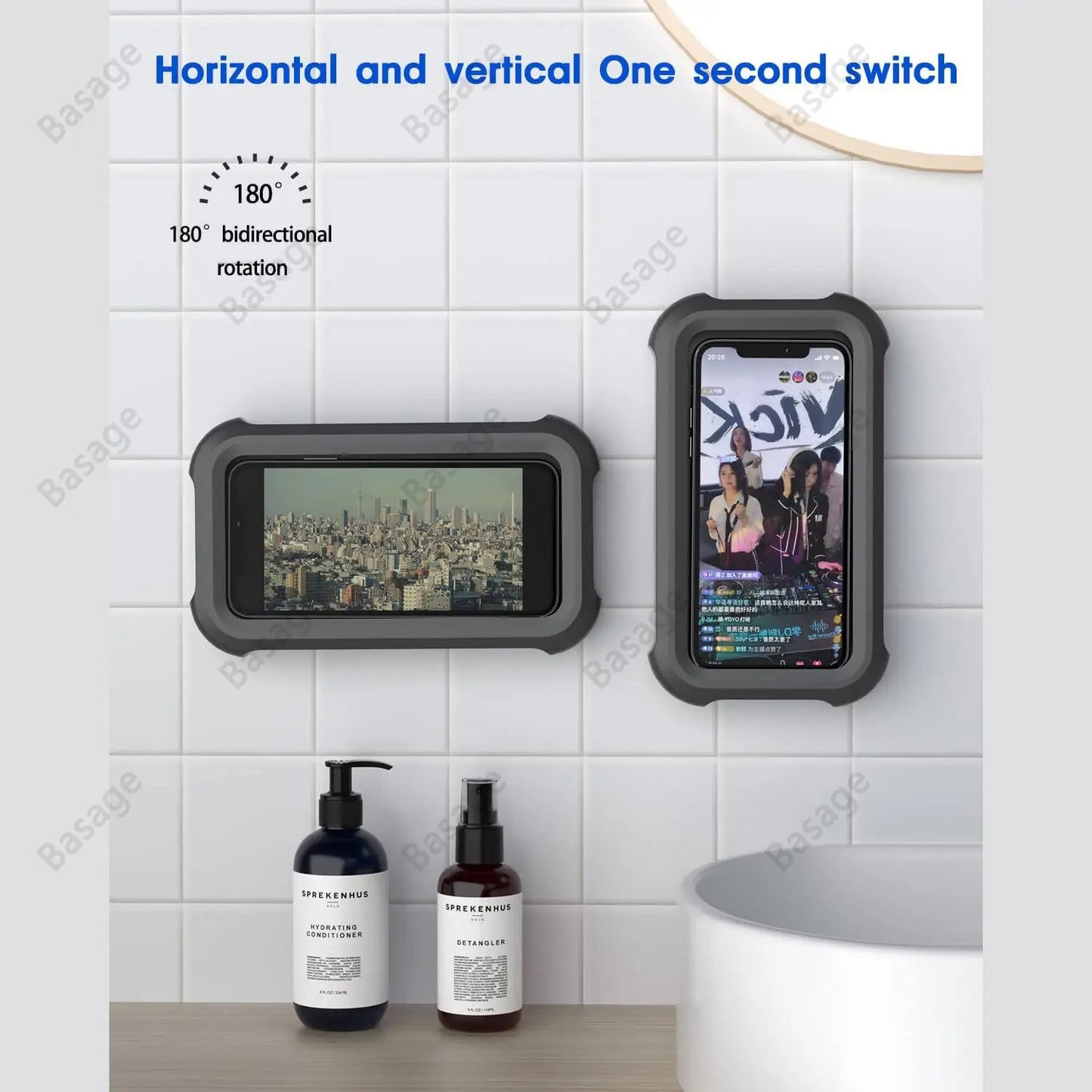 Shower Phone Holder Waterproof 480° Rotation, Adjustable Mirror/Wall Mount Phone Holder for Shower Bathroom Bathtub Kitchen