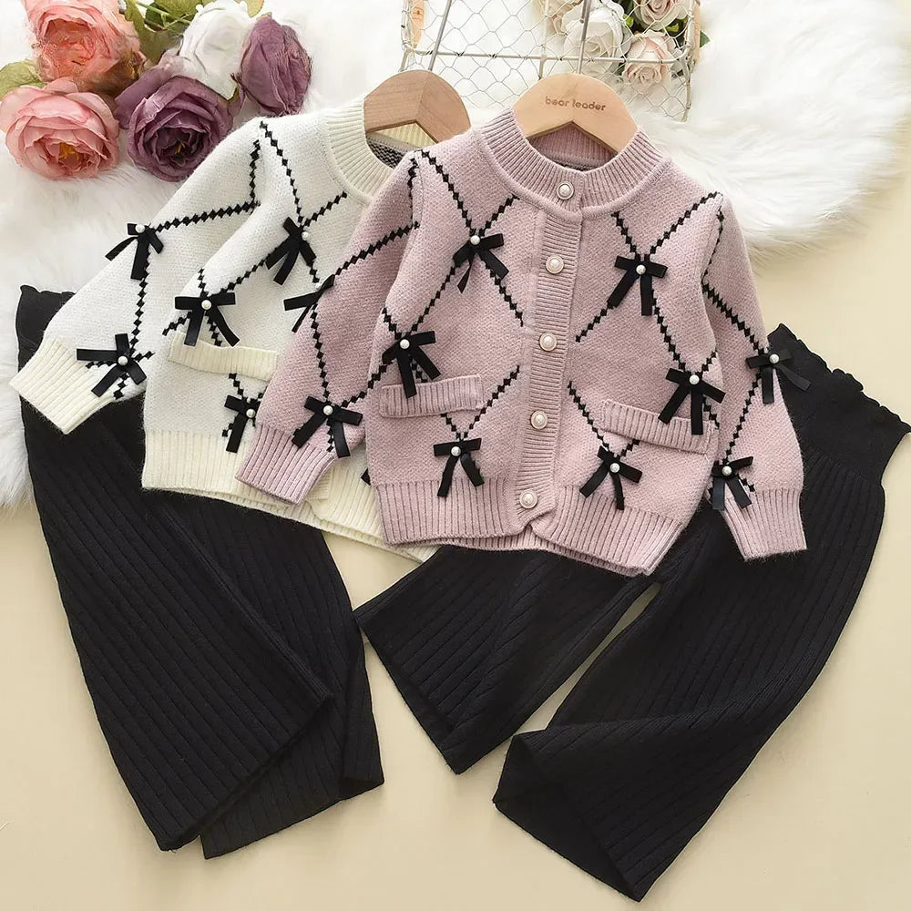 Kids Clothes Girls Autumn and Winter New Children's Clothing Bow Single Breasted Cardigan Pink Sweater+black Pants 2-piece Sets