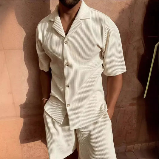 2025 New Men's Corduroy Casual Short Sleeve Shirt Shorts Suit Beach Casual Style Lapel Collar Running Training Suit
