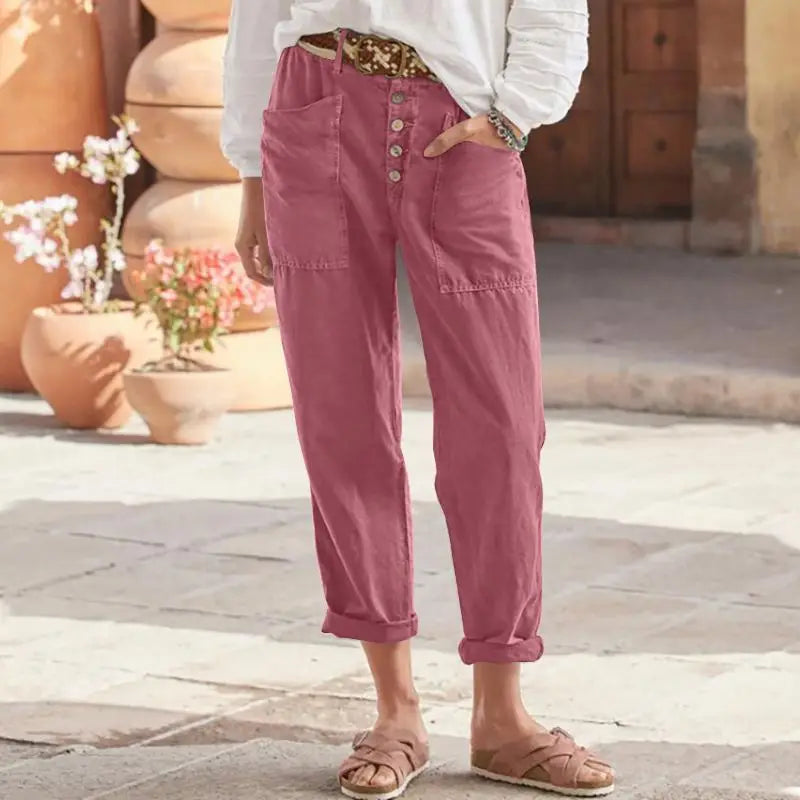 Women's Trousers Loose Solid Color Cotton Linen Button Pocket Breathable Basic Street Fashion Casual Pants