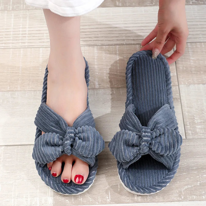 Women's Bow Flat Heel Slippers Home Non-slip Open-toe Breathable Slippers for All Season ladies Bedroom Fashion Soft Sole Slides