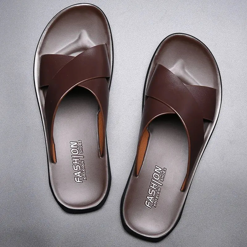 Men's Slippers Fashion Leather Slippers Outdoor Non Slip Beach Shoes for Men Light EVA Soft Sole Slippers 2025Summer New Slides