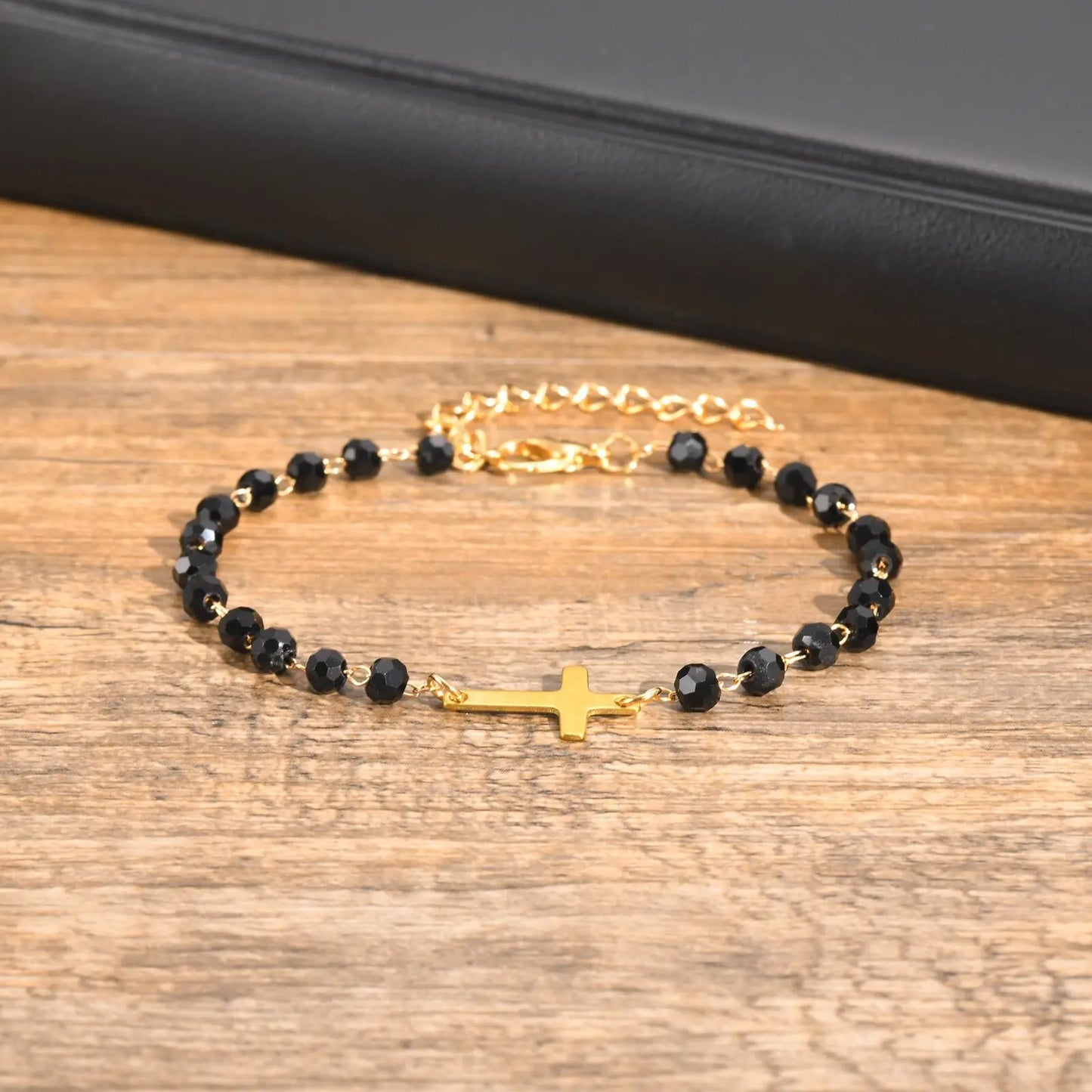 Simple Black Beads Braclets for Men Boys,Gold Color Cross Chain Link Adjustable Wristband,Faith Prayer Jewelry Gifts