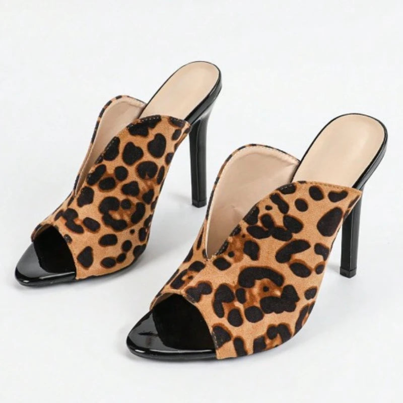 Sexy Leopard Print Slippers Women Fashion Pointed Toe Fine Heels High Heels Shoes Slides Mules Slippers Sandals Zapatos De Mujer