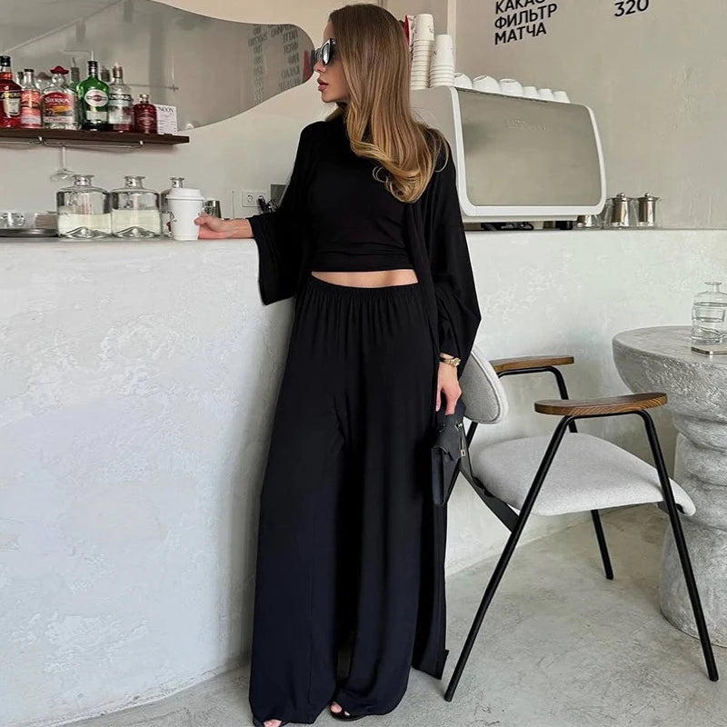 Pants Sets Women 3 Piece Off Shoulder Sleeveless Cropped Tank Top Long Cardgian Elastic Wide Leg Pant Female Suit Lady Outfits