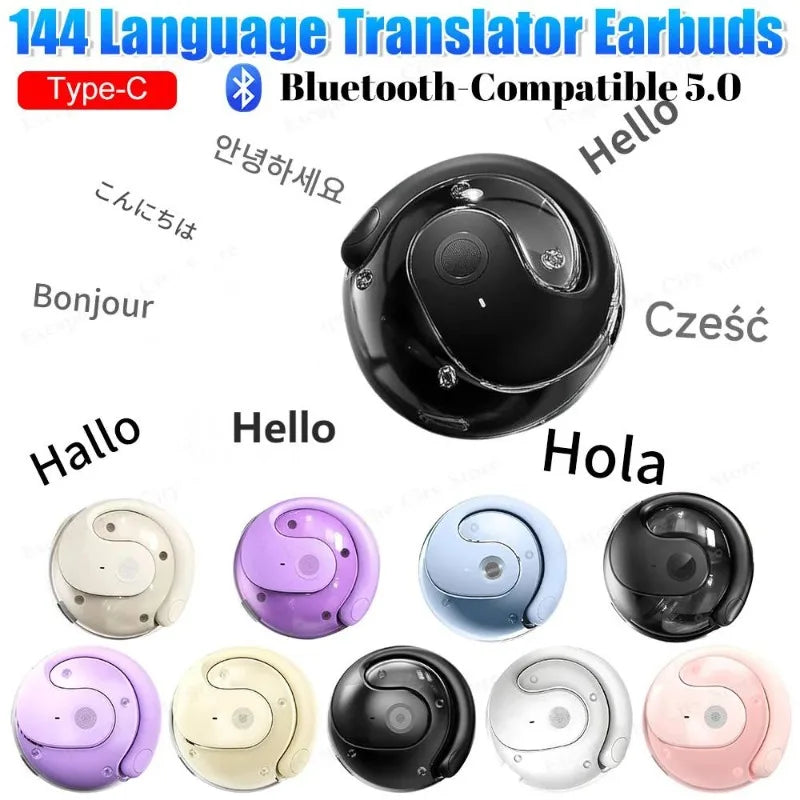 AI Translator 144 Languages Real Time Translation Earbuds Smart Voice Two-Way Translation Wireless Open-Ear Headphones for Trave