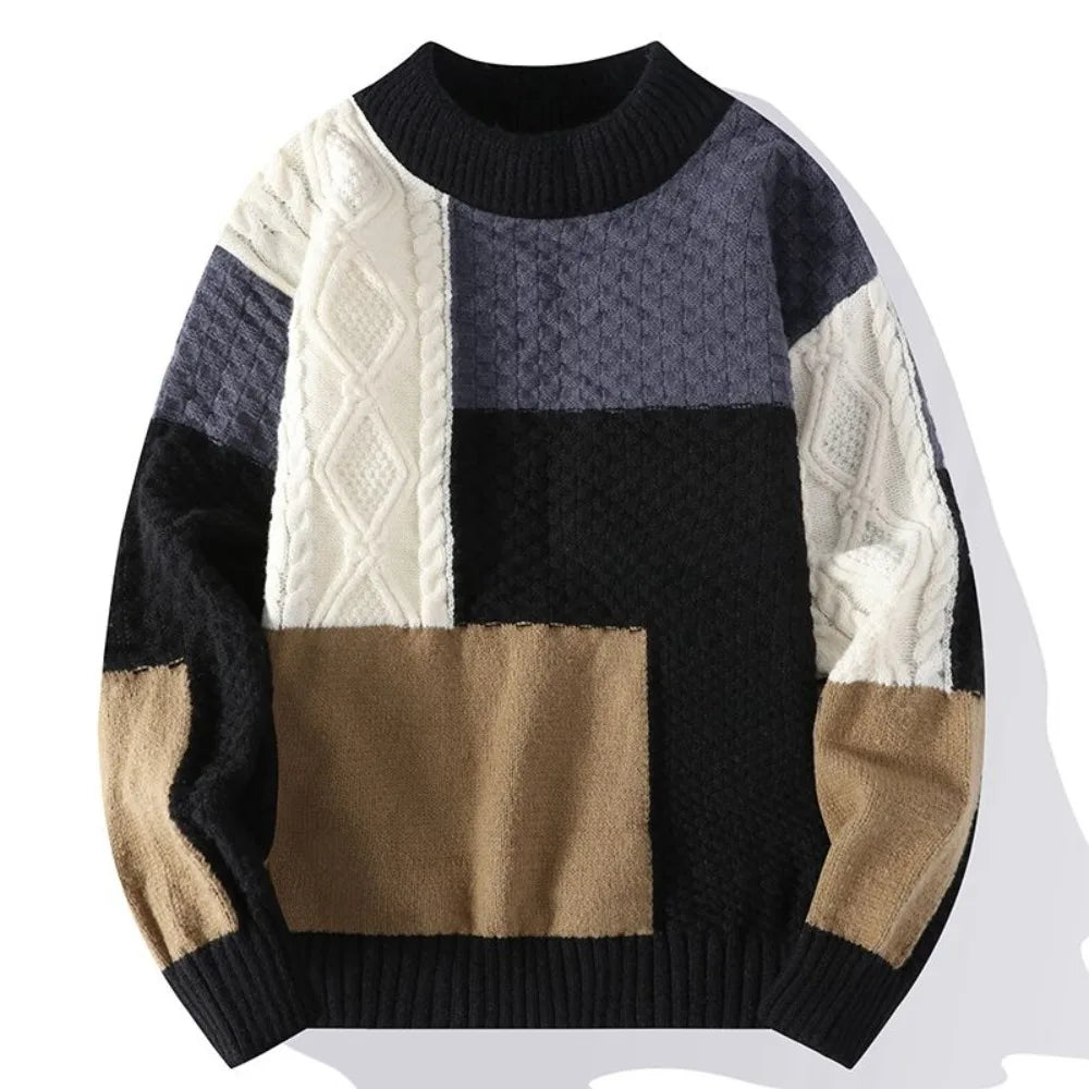 Warm Knitted Sweaters for Men Contrasting Colors High Collar Pullover Man Turtleneck Fleeced Knitwear Loose Fit Harajuku Cheap