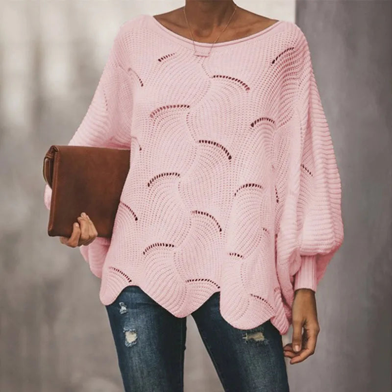 Women's Sweater 2025 Autumn Winter Elegant Hollow Out Loose Knitted Lady Pullovers Casual O-Neck Solid Lantern Sleeve Female Top