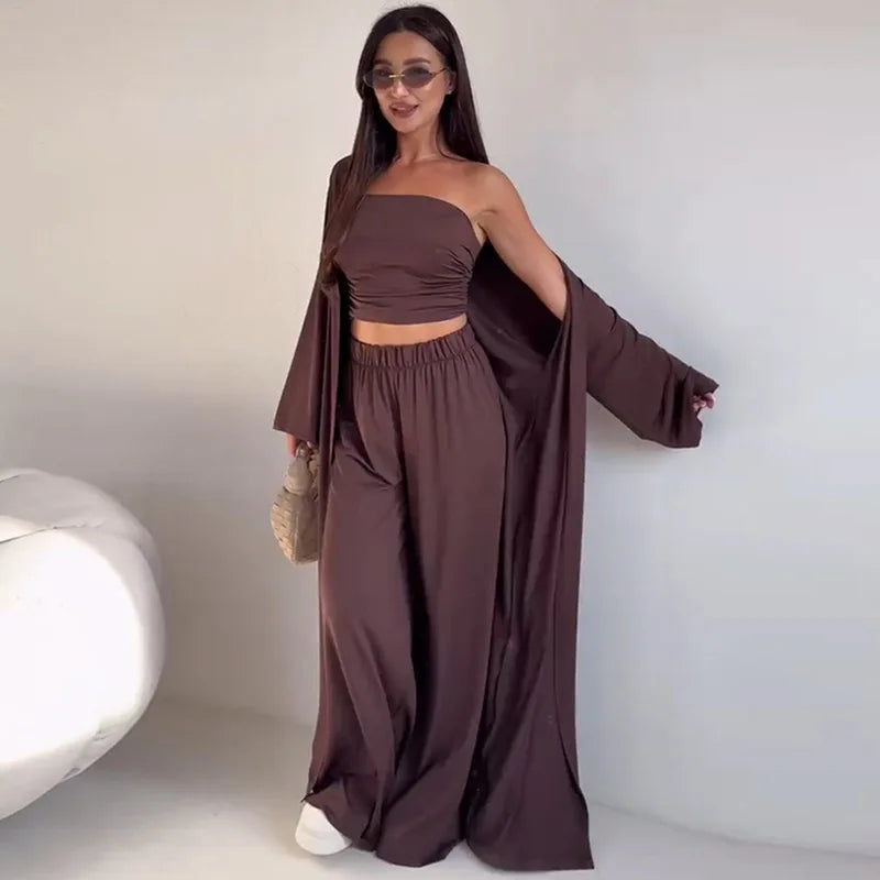 Pants Sets Women 3 Piece Off Shoulder Sleeveless Cropped Tank Top Long Cardgian Elastic Wide Leg Pant Female Suit Lady Outfits
