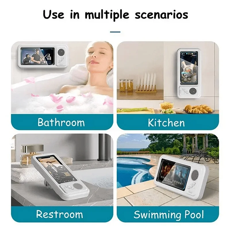 Shower Phone Holder With Bluetooth Speaker IPX4 Waterproof Anti-Fog Touch Screen Wall Mount Phone Holder For Shower Bathroom
