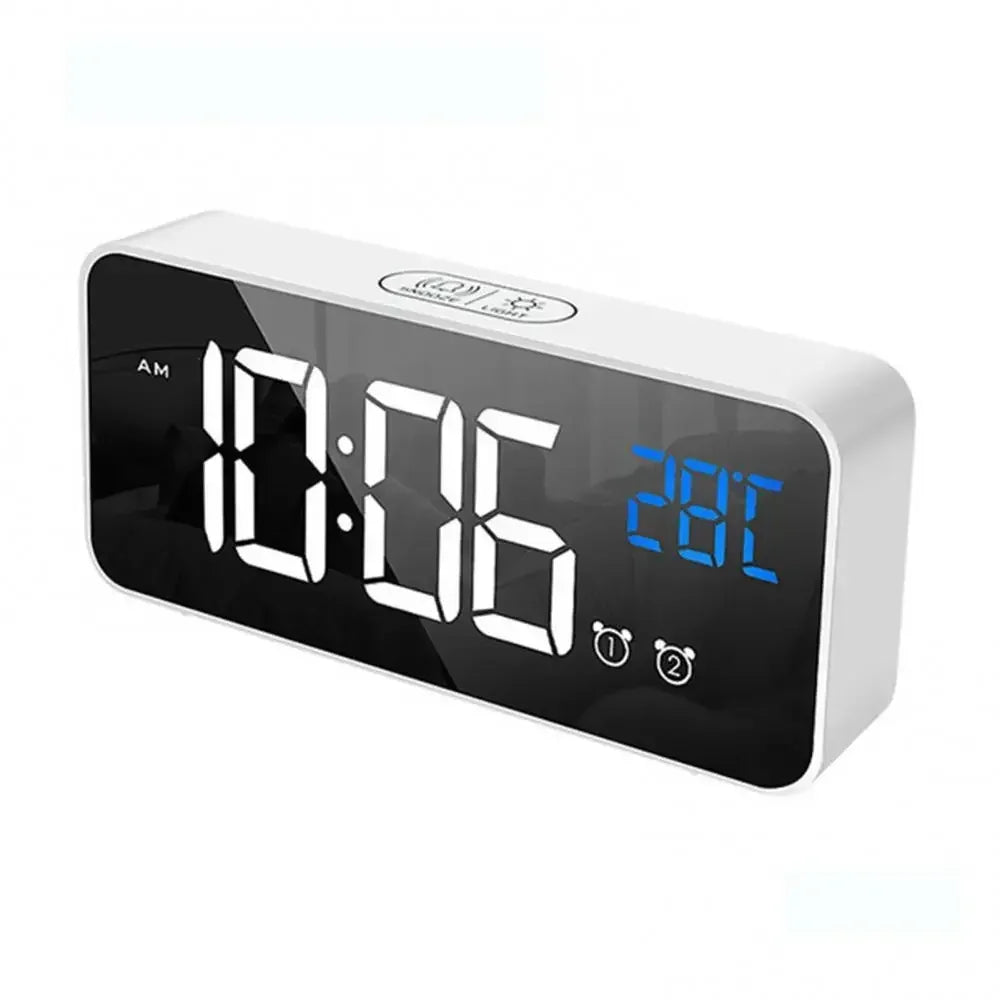 Smart LED Mirror Alarm Clock with Voice Control USB Charging Dual Alarms Snooze Mode for Bedside Table Timepiece Home Decor