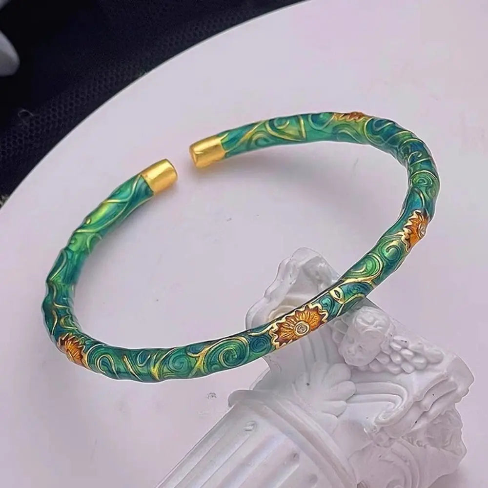 Exquisite Women's Enamel Braclet Open Ring Ethnic Style Chinese Cloisonne Bracelet Hand Jewelry Vintage Filigree Flower Bangle