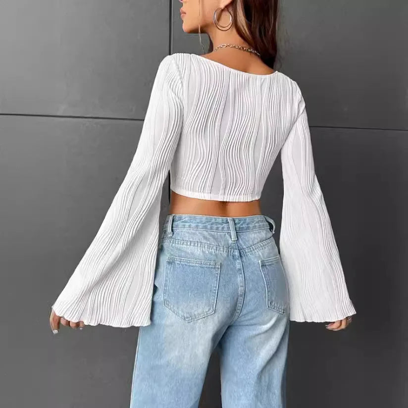Women's T-shirt Summer Thin U-neck Top Water Ripple Slim Fit Midriff-baring Trumpet Long-sleeved T-shirt Female Street Trendy