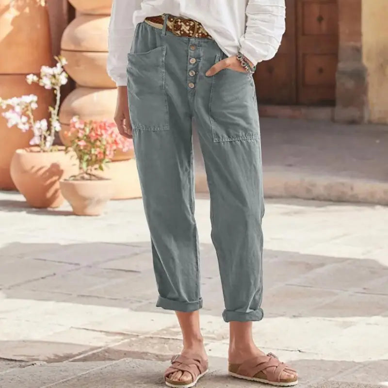 Women's Trousers Loose Solid Color Cotton Linen Button Pocket Breathable Basic Street Fashion Casual Pants