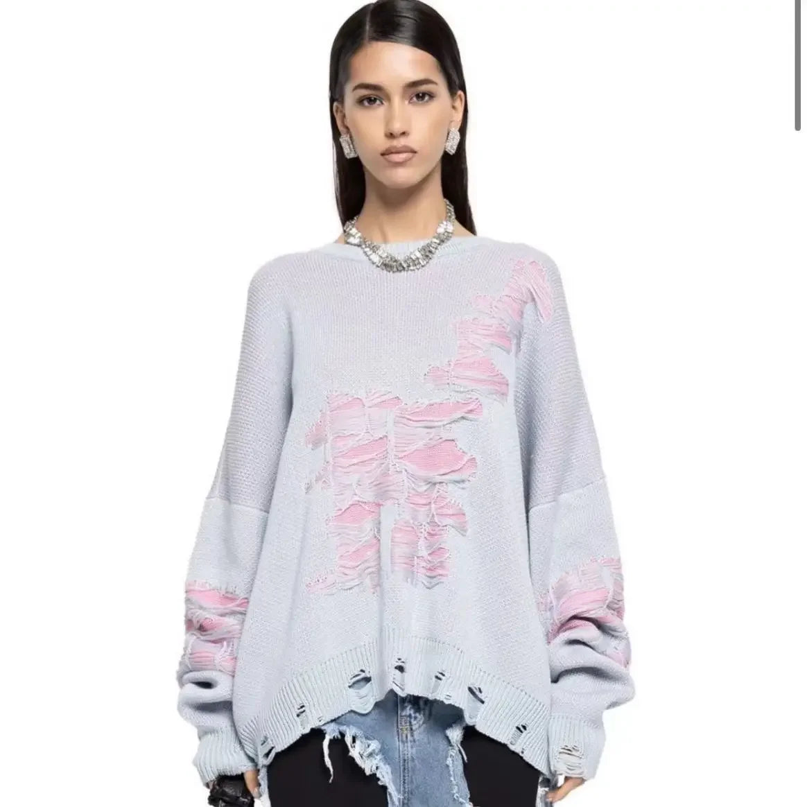 Sweater Women Autumn Personality Street Distressed Sweater Women's Round Neck Drop Shoulder Sleeve Tops Jumper Pullover Sweater