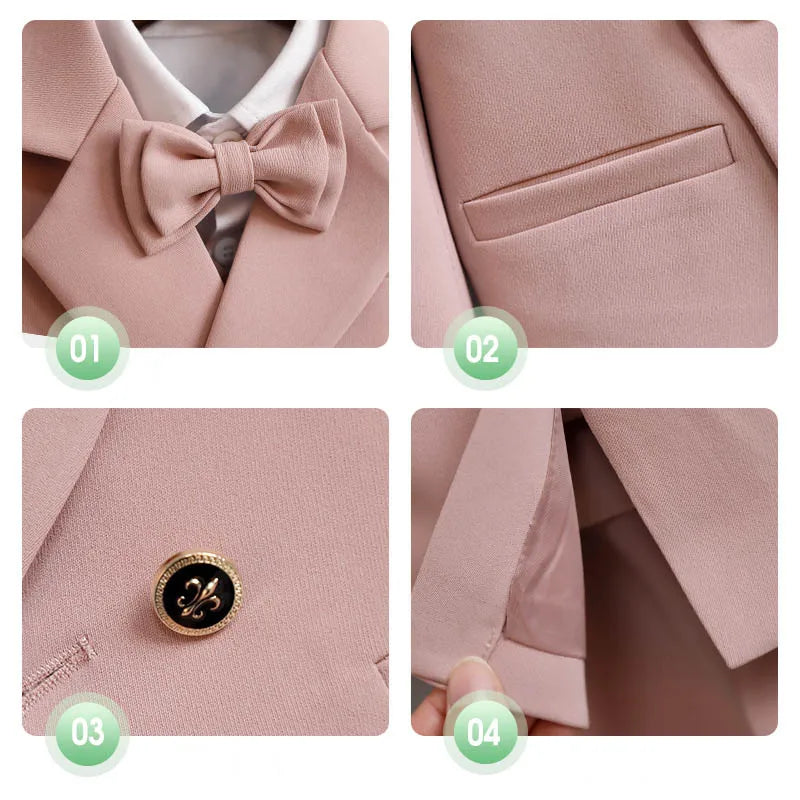 Kid Boys Formal Pink Suit Boy Child Wedding Suit Elegant 2-14Y Boys Suits Outfits Set Gentlemen Kid Jacket Vest Pant Bowtie Suit