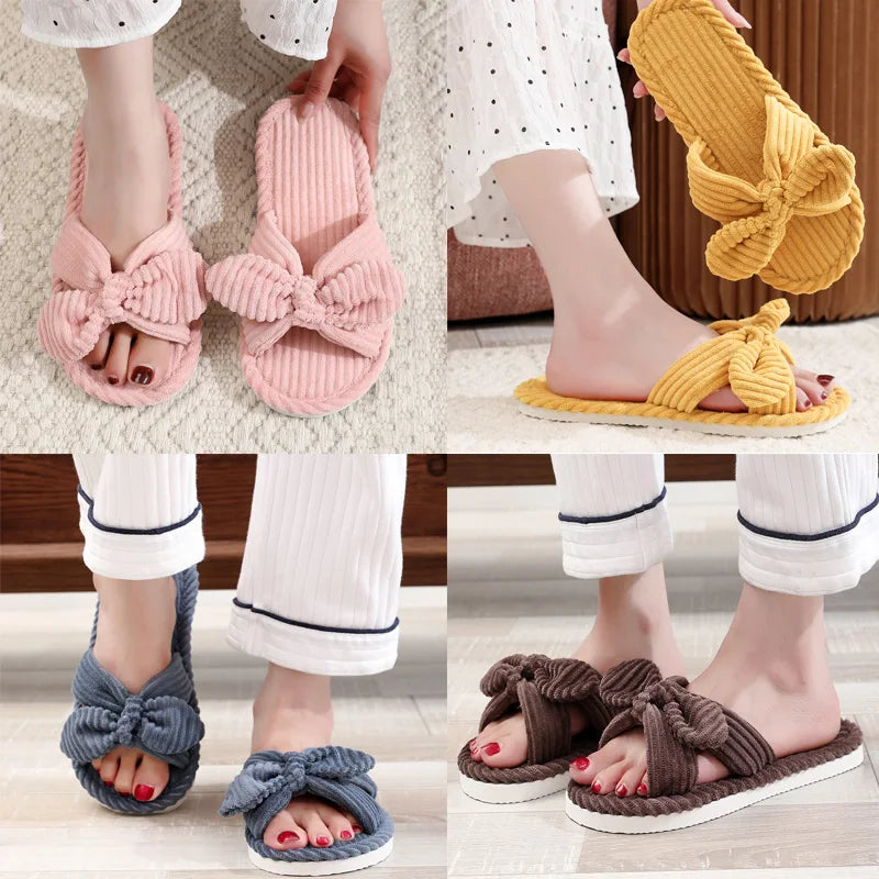 Women's Bow Flat Heel Slippers Home Non-slip Open-toe Breathable Slippers for All Season ladies Bedroom Fashion Soft Sole Slides