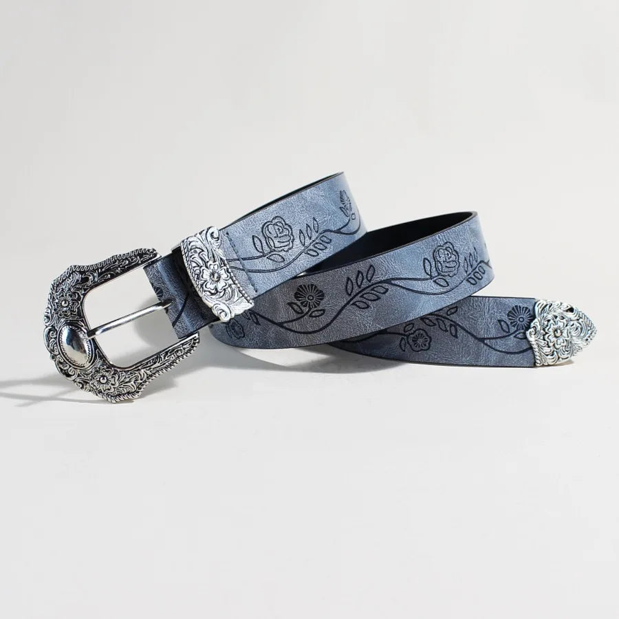 Western Style Printed Solid Color Pu Belt Buckle, Retro Casual Women's Belt, Classic Jeans Decorative Belt