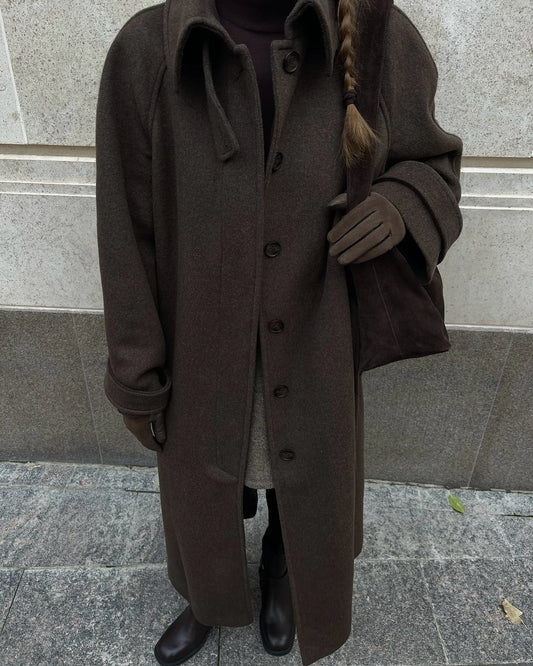 Stand Collar Woolen Long Coat Women Retro Chic Single Breasted Brown Overcoats With Belt Female Autumn Winter Casual Streetwear