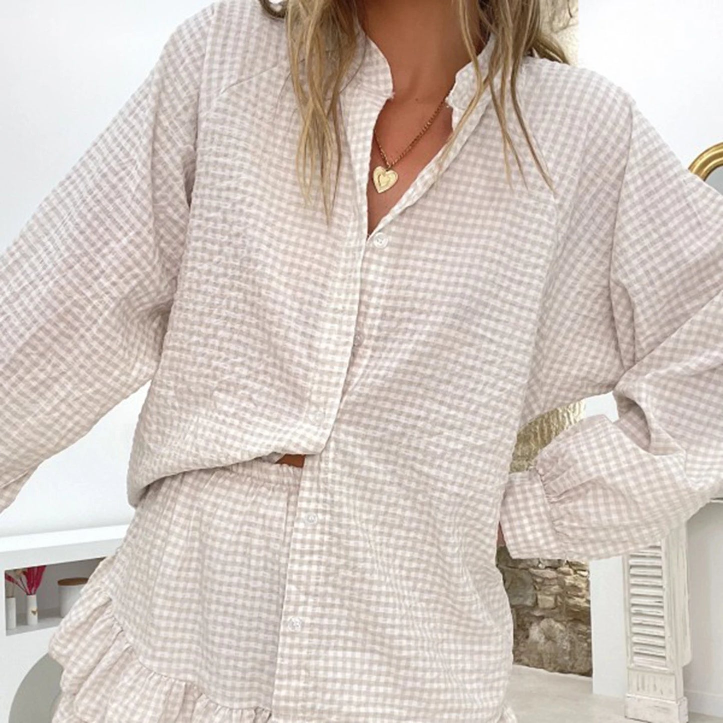 Women's 2 Piece Beach Outfits Long Sleeve Button Plaid Tops Tiered Ruffle Skirted Shorts Sets