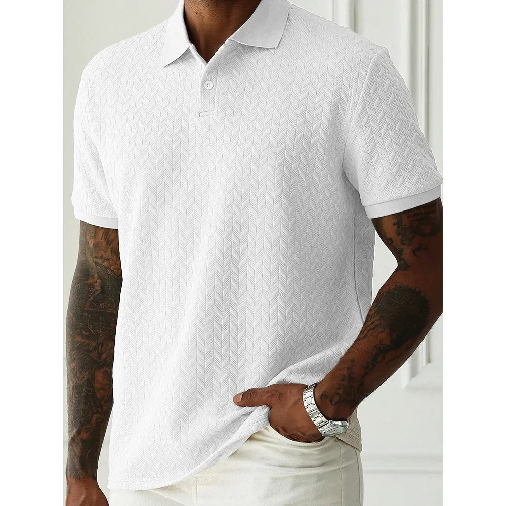 Men's Heavyweight Polo Shirt Spring Summer Short-sleeved Jacquard T-shirt Turn-down Collar Casual Fashion Button Male Clothing