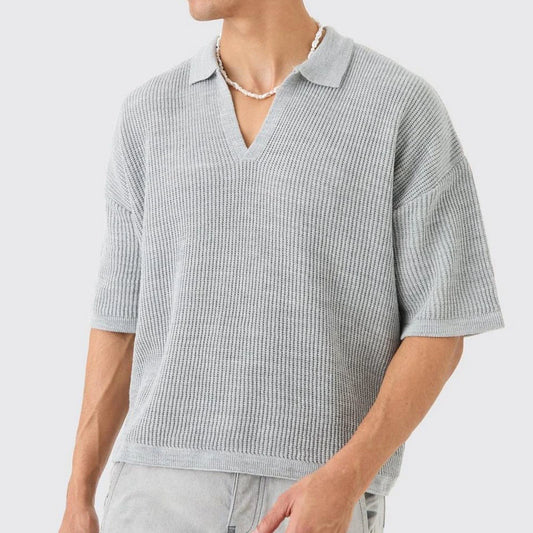 Stylish Knitting Polo Shirts Men Vintage Loose Half Sleeve Solid Color Jumper Tops 2025 Spring Summer Casual Mens Knit Polo Tees