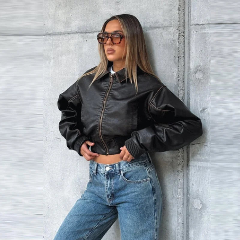 Women Fashion Vintage Lapel Short Leather Jacket Casual Loose Zipper Coat 2025 Fall Lady Classic Streetwear Commute Coats
