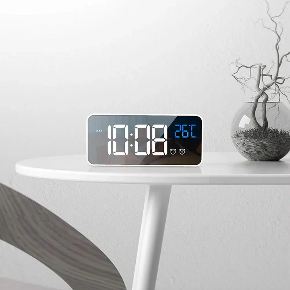 Smart LED Mirror Alarm Clock with Voice Control USB Charging Dual Alarms Snooze Mode for Bedside Table Timepiece Home Decor