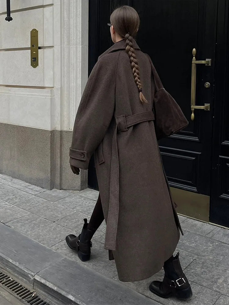 Stand Collar Woolen Long Coat Women Retro Chic Single Breasted Brown Overcoats With Belt Female Autumn Winter Casual Streetwear