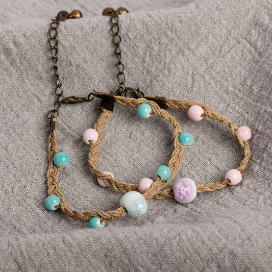 Braided Knot Ceramic Bracelet Handmade Adjustable Jewelry in Crackle Blue and Pink Vintage Jewelry gifts regalo