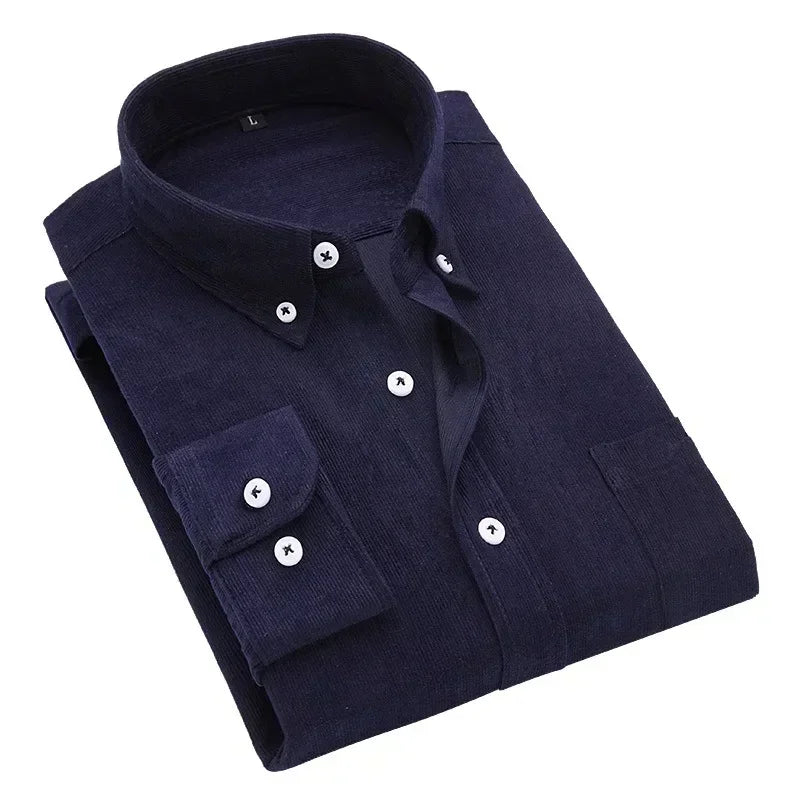Casual Men Corduroy Shirt 2025 Spring Autumn Long Sleeve Striped T Shirts Male Slim Fit Shirt Turn-down Collar Camisa Masculina