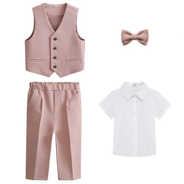 Kid Boys Formal Pink Suit Boy Child Wedding Suit Elegant 2-14Y Boys Suits Outfits Set Gentlemen Kid Jacket Vest Pant Bowtie Suit