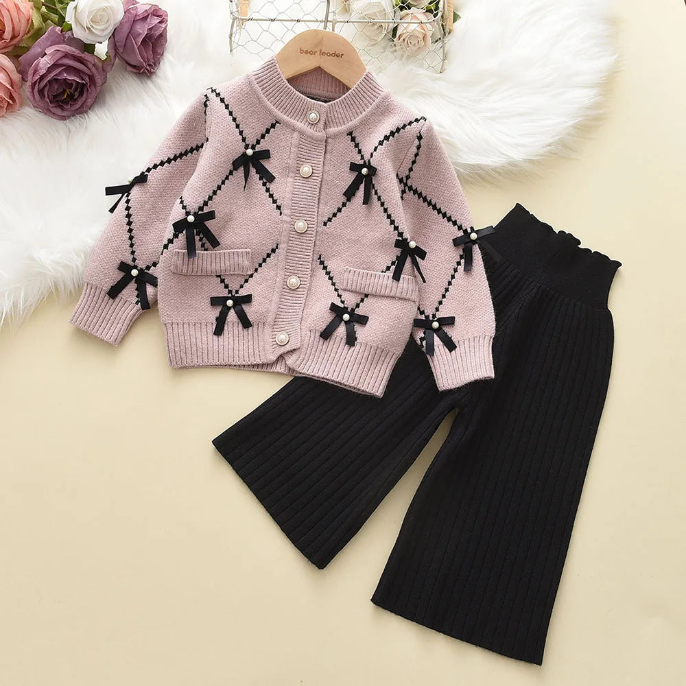 Kids Clothes Girls Autumn and Winter New Children's Clothing Bow Single Breasted Cardigan Pink Sweater+black Pants 2-piece Sets