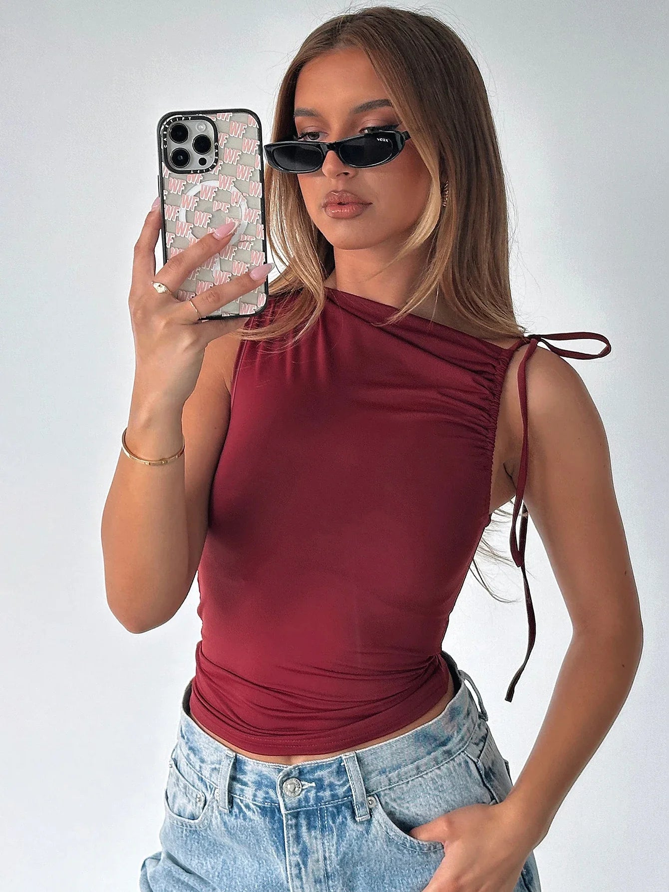 Dulzura Sleeveless Skew Collar Ruched Lace Up Bodycon Crop Top Sexy Elegant Casual Tank Party Club Streetwear Spring Summer