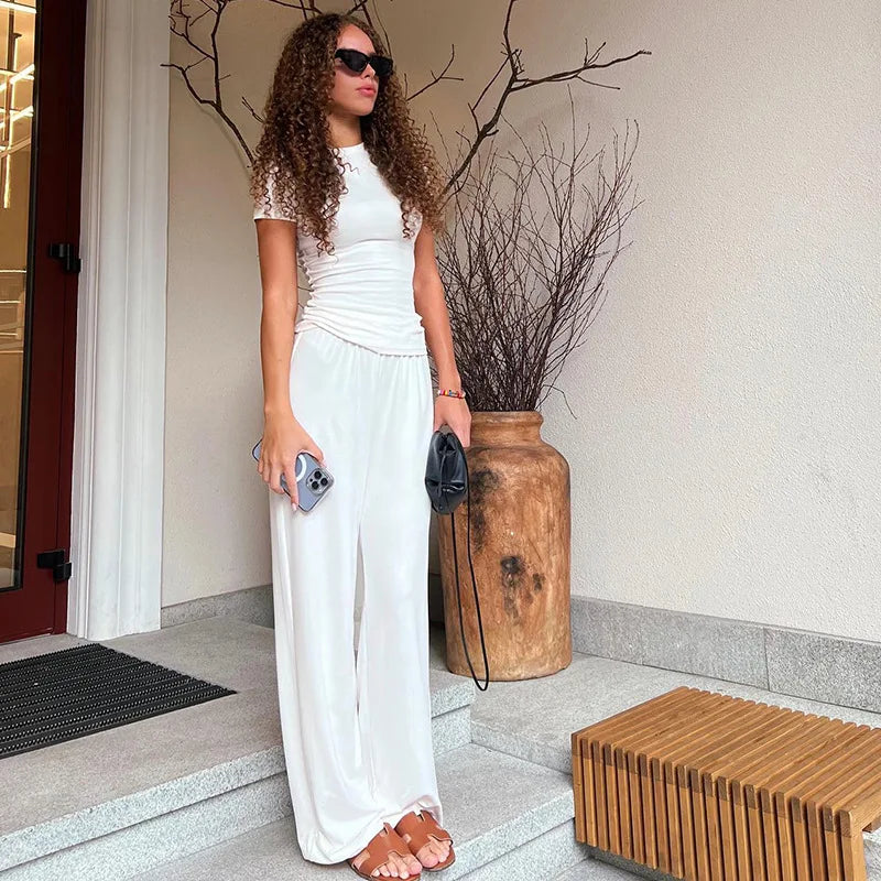 Women Trousers Suit Solid Color O-neck Short-sleeved Top Loose Elastic Waist Wide-leg Pants Women Suit 2025 New Yoga Sportswear