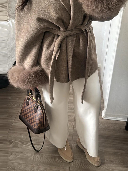 2025 Chic Lapel Plush Coat With Belt Women Vintage Solid Faux Fur Sleeve Tweed Open Coats Female Autumn Casual Street Outwear