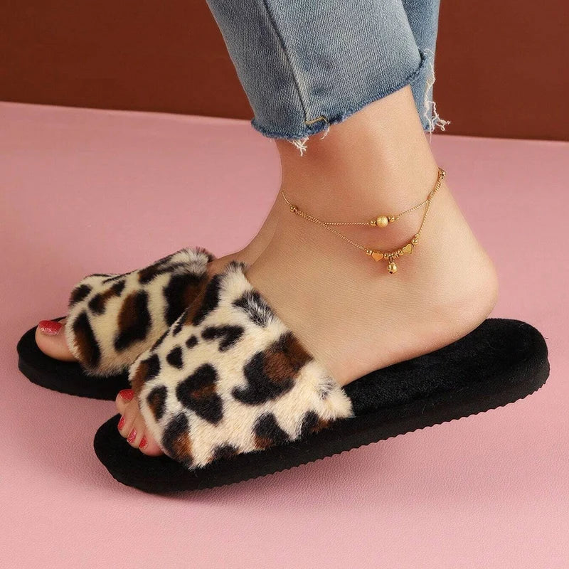 Fashion Leopard Print Fur Slippers for Women Open Toe Soft Sole Furry House Shoes Woman Winter Warm Comfort Indoor Home Slippers