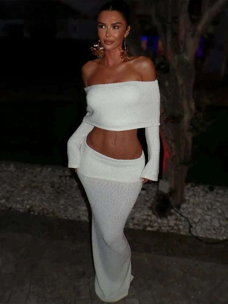 Weird Puss See Through 2 Piece Set Women Chic Hairball Lapel Slash Neck Crop Top+Maxi Skirts Matching Trend Streetwear Suits