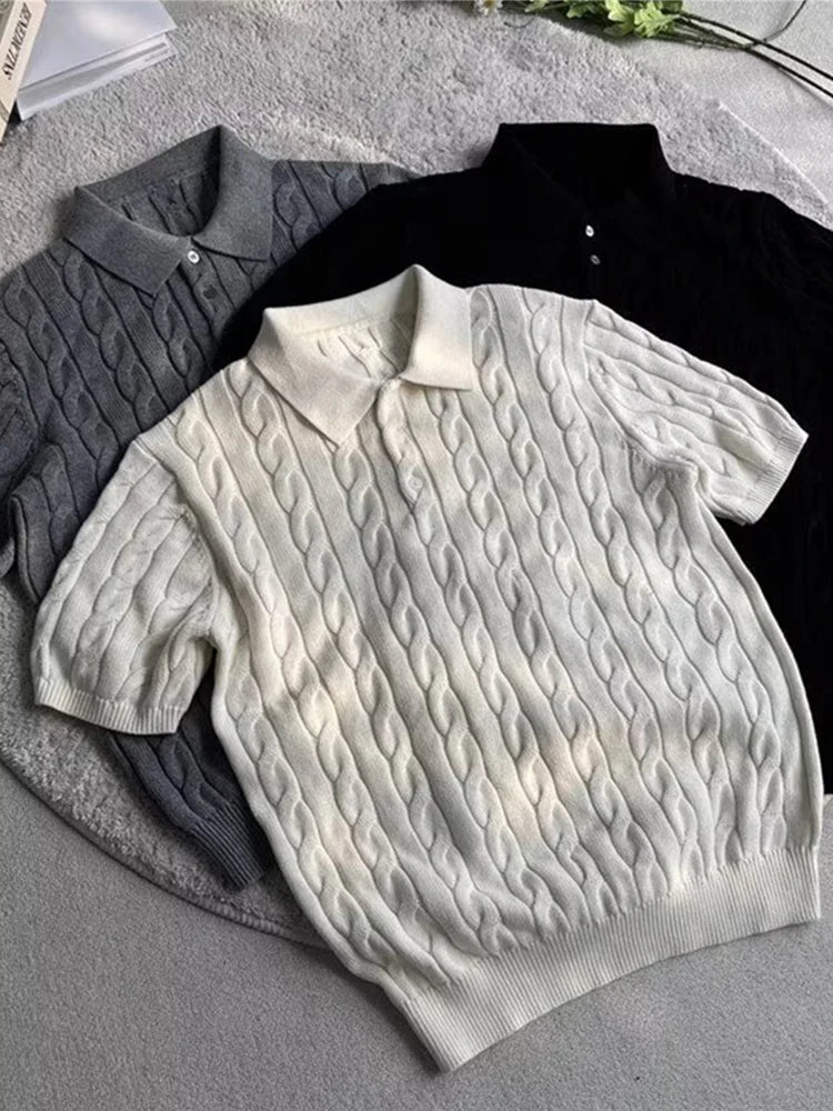 Fashionable Slim Fit Mens Knitted Polo Shirts Summer Casual Twist Jacquard Knit Tops Men Trendy Button Polo Neck Knitting Shirt
