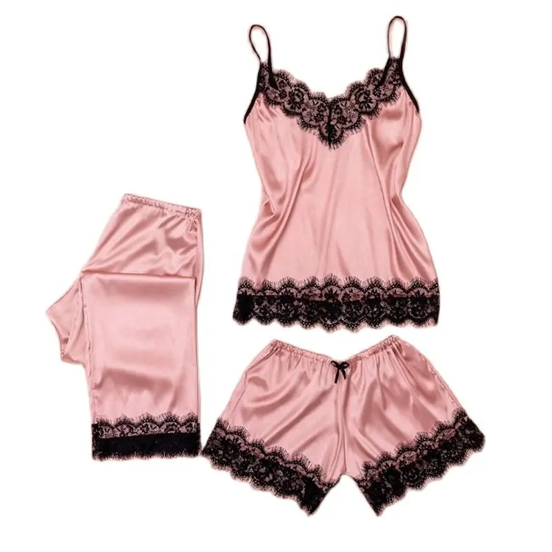 Sexy Pajama Set for Women Black Lace Satin V-Neck Pyjama Sleeveless Cute Cami Top Shorts Trousers Lingerie Nightie Homewear 3pcs