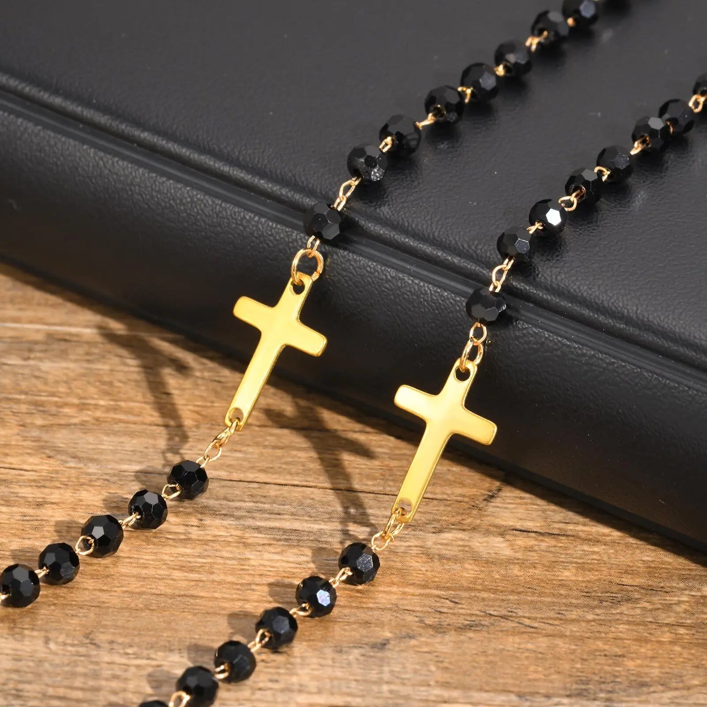 Simple Black Beads Braclets for Men Boys,Gold Color Cross Chain Link Adjustable Wristband,Faith Prayer Jewelry Gifts