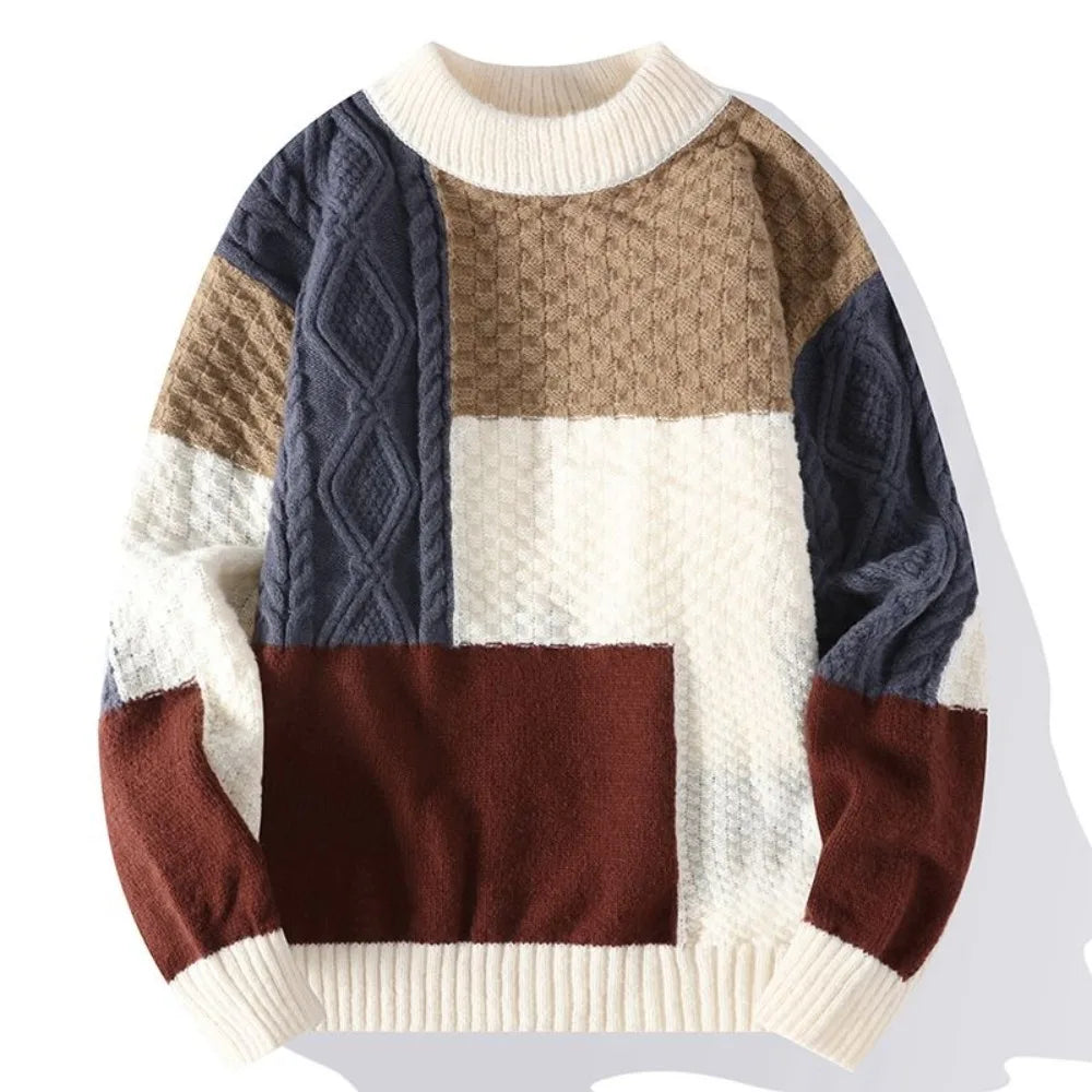 Warm Knitted Sweaters for Men Contrasting Colors High Collar Pullover Man Turtleneck Fleeced Knitwear Loose Fit Harajuku Cheap